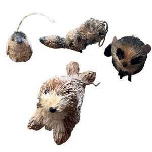 Set of Four Bottle Brush Ornaments Penguin Seal Racoons Bird Rustic